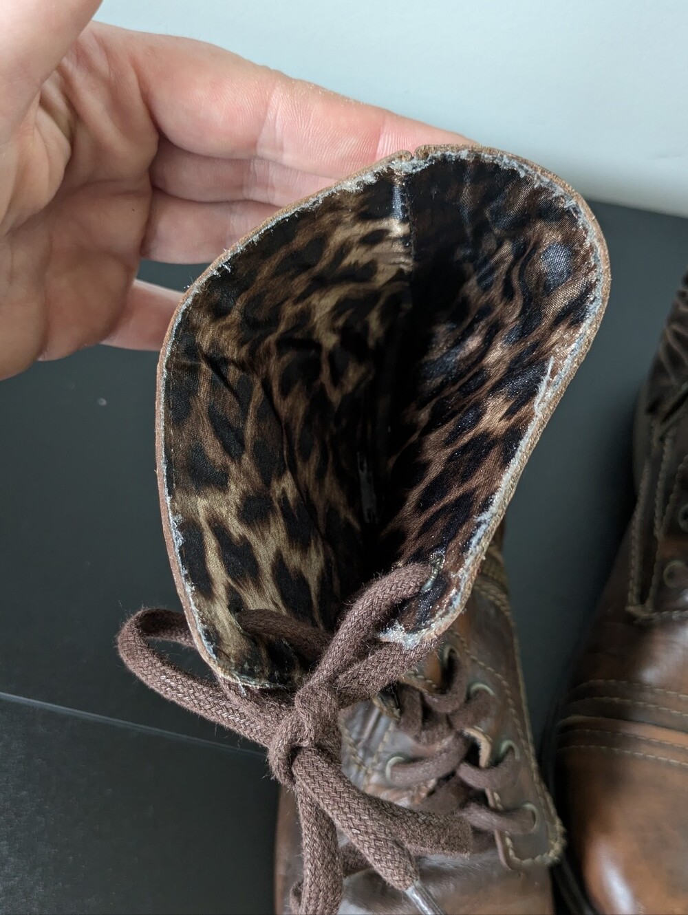 Betsey Johnson Vintage Distressed Brown Leather Combat Boots with Fringe Heel - Picture 9 of 10